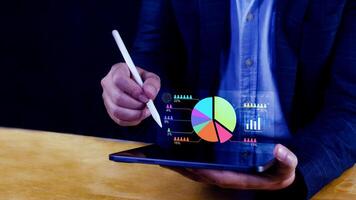 Market research and marketing analysis with Ai technology. customer surveys and statistics. analysts touch on pie charts and graphs, financial growth graph chart report, Business planning. fund photo