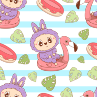 Seamless Pattern Cute Monster Toy Floats on Flamingo pool on striped background png