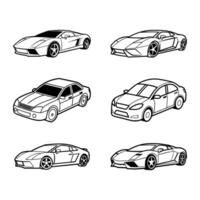 Collection of black and white illustrations of different modern car models vector
