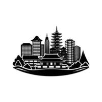 Stylized black and white illustration depicting a cityscape with japanese architecture and buildings vector