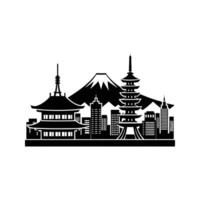 Black and white japanese skyline with mount fuji and iconic architectural elements vector