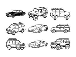 A collection of black and white outlined car illustrations for transportation and design concepts vector
