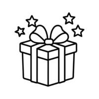 Black and white line art icon of a gift box with a ribbon bow on top and star decorations, clean outline, white background vector