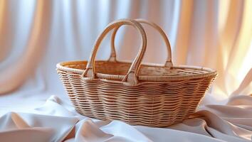 Handwoven Wicker Basket with Double Handles on Fabric Background photo