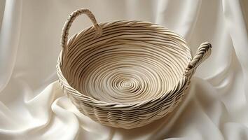 Flat Rustic Wicker Basket with Side Loop on Soft Draped Fabric photo
