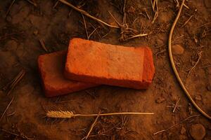 Two red bricks laying on the ground photo