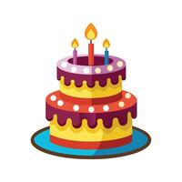 Colorful layered birthday cake with lit candles and simple flat design element vector