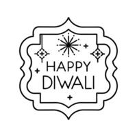 Black and white line art badge design for Happy Diwali, featuring diya lamp, fireworks, and festive elements, minimal and elegant, circular shape, white background vector