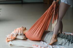 Wellness session for relaxation with guided stretching in a serene studio environment during a calm afternoon photo
