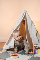 A joyful and playful toddler is having a great time exploring a cozy tent filled with a variety of colorful toys in a modern playroom designed for fun and creativity, perfect for child development photo