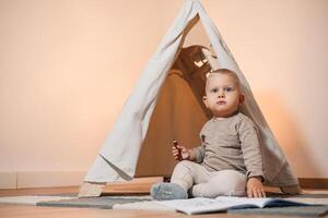 An Adorable Toddler Enjoys Playing Inside a Cozy Indoor Tent Surrounded by Soft Cushions While Reading a Colorful Book, Imbuing a Sense of Adventure and Imagination in a Warm Home Environment photo