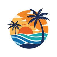 Tropical sunset scene with palm trees ocean waves and clouds in circular illustration vector