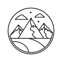 Black line art illustration of a mountain range enclosed in a circle, clean and minimal design, nature-inspired, white background vector