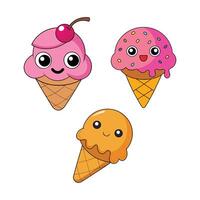 Cute cartoon ice cream cones in various colors with smiling faces on a white background vector