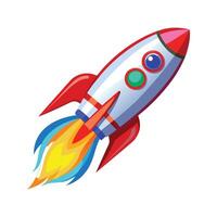 Cartoon rocket ship taking off with colorful flames against a clean white background vector