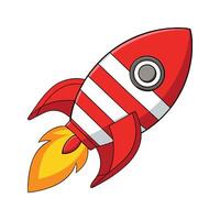 Cartoon rocket ship with red and white stripes blasting off isolated on white background vector