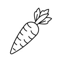 Black and white line art illustration of a single carrot with leafy top, simple vegetable design, clean outline, white background vector