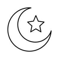 Black line art icon of a crescent moon and star, simple and clean outline design, celestial theme, white background vector