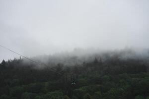 Foggy forested mountain landscape with moody mist in Norway photo