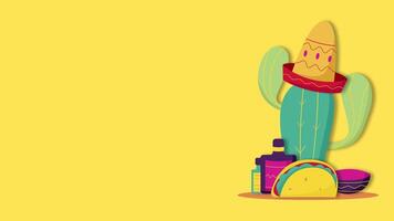 Cinco de Mayo Festive Background With Cactus, Sombrero, Taco, And Tequila in Flat Style. 4K animation on Yellow Backdrop video