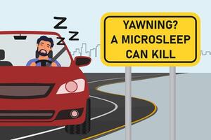A sleepy and tired driver on a trip. Road sign warning of the dangers of microsleep. Microsleep when driving illustration. vector