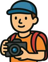 Flat icon of a photographer holding a camera and wearing a backpack. Simple cartoon flat style on transparent background vector