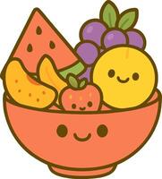 Colorful cartoon fruit salad in a bowl with smiling fruit pieces. Fresh and cheerful flat summer food design with transparent background vector
