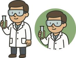 Flat icon of a scientist in lab coat holding test tube, wearing goggles. Cartoon flat style on transparent background vector