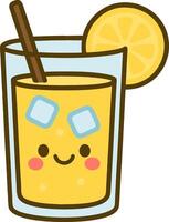 Cartoon lemonade drink with straw, lemon slice, and smiling face. Bright summer refreshment icon in flat style on transparent background. vector