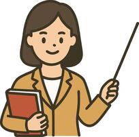 Flat icon of a female teacher holding a book and pointing stick. Minimal cartoon flat style with transparent background vector