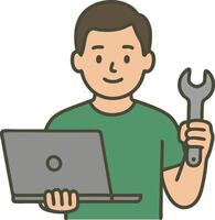 Flat icon of an IT technician holding a laptop and wrench. Cartoon flat style on transparent background vector