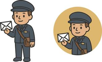 Flat icon of a mailman holding envelope and mailbag. Cartoon design with transparent background vector