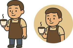 Flat icon of a barista with apron holding a cup of coffee. Cartoon flat design with transparent background vector
