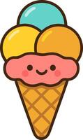 Cute cartoon-style ice cream cone with three colorful scoops and a happy face. Summer dessert icon with flat design on transparent background vector