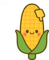 Cartoon grilled corn on the cob with melting butter and happy face. Flat summer food illustration with transparent background vector
