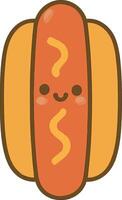 Fun cartoon-style hot dog with mustard topping and a cheerful face. Summer snack flat design on transparent background vector