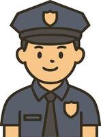 Flat icon of a male police officer in blue uniform with badge, standing confidently. Minimalist cartoon design on transparent background vector