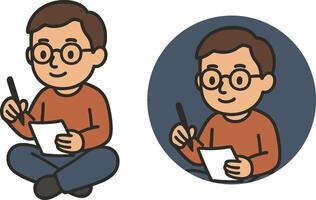 Flat icon of a writer sitting with a notebook and pen, wearing glasses. Simple cartoon flat style on transparent background vector