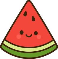 Cartoon slice of watermelon with juicy texture and a smiling face. Bright and cheerful flat summer fruit illustration on transparent background vector