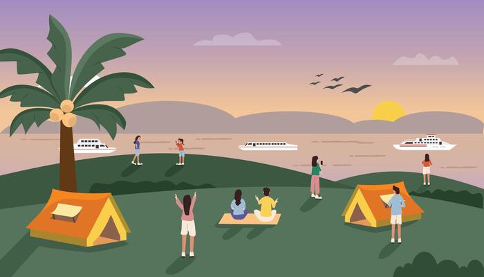 People camping on the hill. People camping at the seaside. Camp hill. Campsite. Sea scenery. Seafront camping. Watch sunset at the beach. Sunset sea. Cruise at the beach.