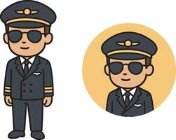 Flat icon of a male airplane pilot wearing uniform, cap, and sunglasses. Minimal cartoon style with transparent background vector