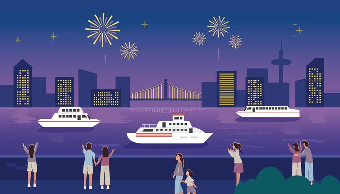 People watching fireworks. New year eve. Fireworks festive. Cityscape. Citylight. Harbour night festive. Cruise. City view across the bridge.