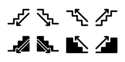 Stairs Icon Set. A black glyph and outline icon of stairs, indicating vertical movement. vector
