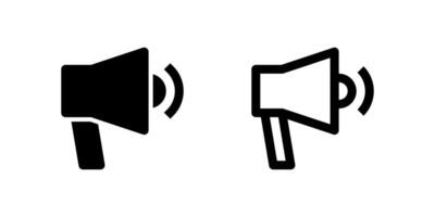 Two black line icons, one of a megaphone and another of a speaker, symbolizing promotion, announcement, marketing, or advertising. Ideal for digital campaigns, news, or public relations. vector