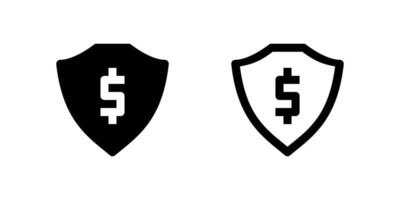 Two black line icons with a shield, one protecting a payment card and the other protecting a dollar sign. Represents payment security, financial protection, or secure transactions. vector