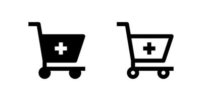 A black line icon of a shopping cart with a plus sign, often used to indicate add to cart. Useful for e-commerce and digital content platforms. vector