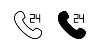 24 Hours Call Icon Set. A black icon of a phone handle with the number 24, representing 24-hour communication. vector