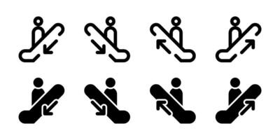 Escalator Icon Set. A black glyph and outline icon of an escalator, indicating moving stairs. vector