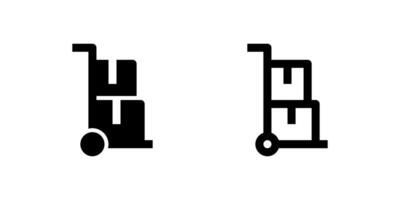 Two black icons of a dolly cart with stacked boxes. Symbolizes delivery, moving, logistics, or transportation of goods. Useful for shipping, warehouse, or e-commerce delivery services. vector