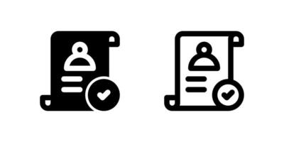 Verified Staff Icon Set. A black glyph and outline icon of a document with a photo and checkmark, representing verified personnel. vector